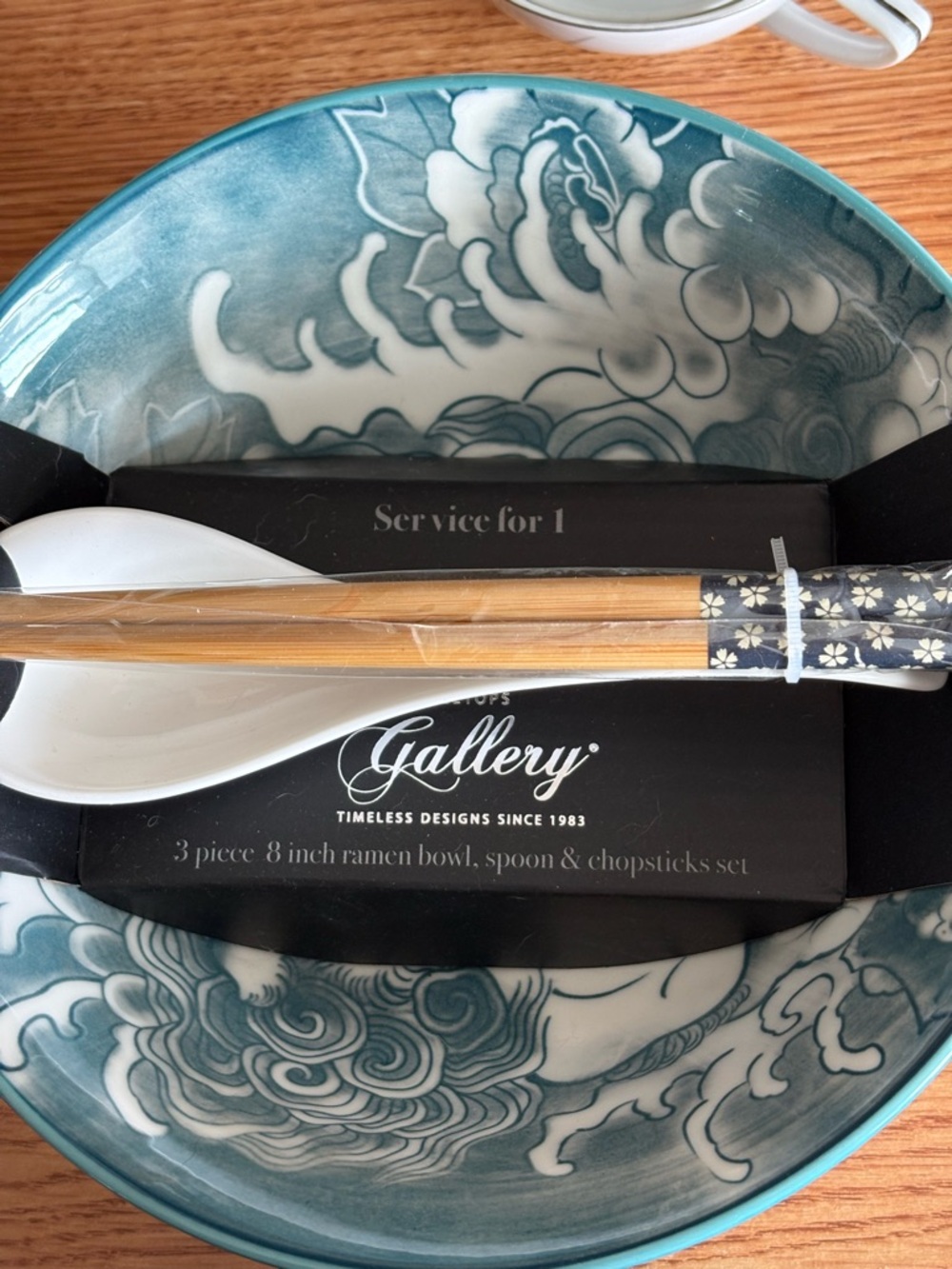 Gallery Teal Floral Ramen Bowl Set with Spoon and Chopsticks